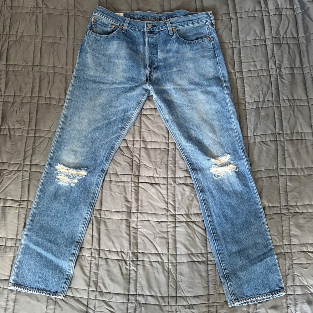 Levi's 501 S Men's Jeans W36 L32 Blue Distressed Ripped Button Fly Straight